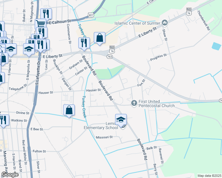 map of restaurants, bars, coffee shops, grocery stores, and more near 70 Park Homes Court in Sumter