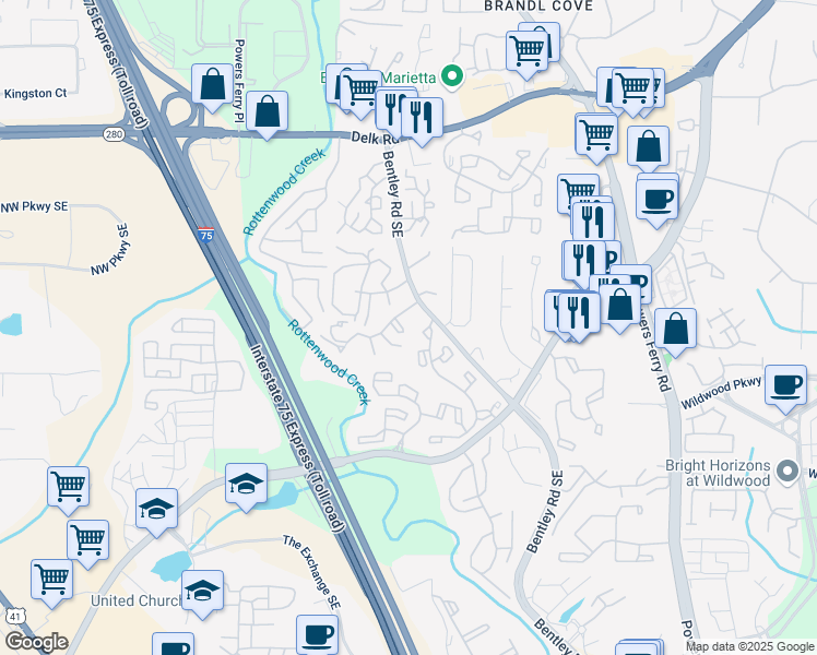 map of restaurants, bars, coffee shops, grocery stores, and more near 1647 Raleigh Circle in Marietta