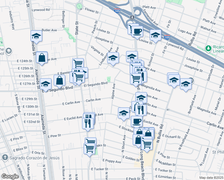 map of restaurants, bars, coffee shops, grocery stores, and more near 12309 Alpine Avenue in Lynwood