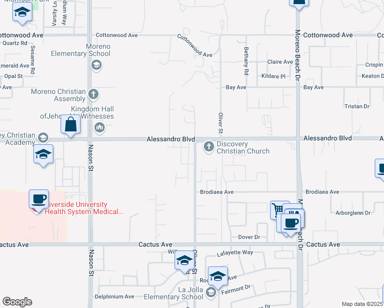 map of restaurants, bars, coffee shops, grocery stores, and more near 14069 Cordelia Street in Moreno Valley