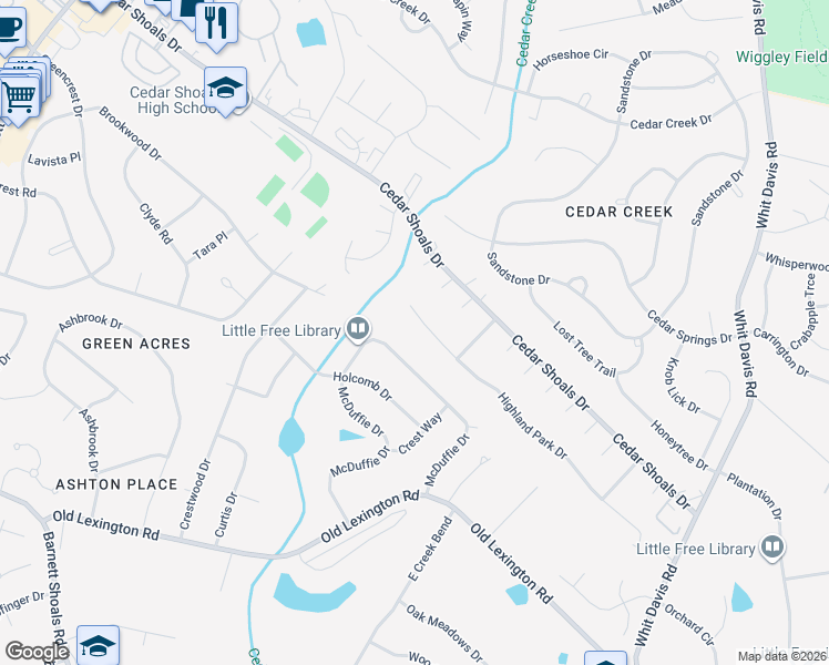 map of restaurants, bars, coffee shops, grocery stores, and more near 117 Highland Park Drive in Athens