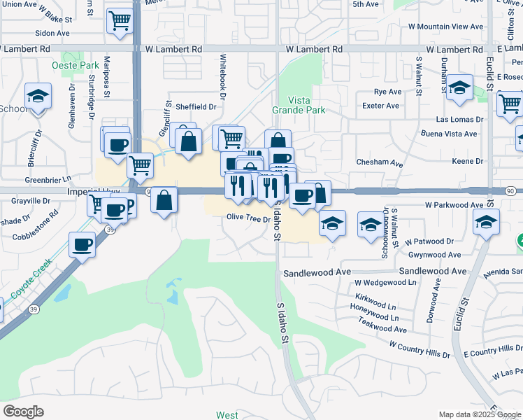 map of restaurants, bars, coffee shops, grocery stores, and more near 1230 West Imperial Highway in La Habra