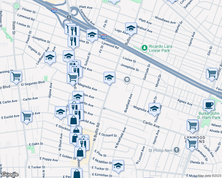 map of restaurants, bars, coffee shops, grocery stores, and more near 12124 Bullis Road in Lynwood