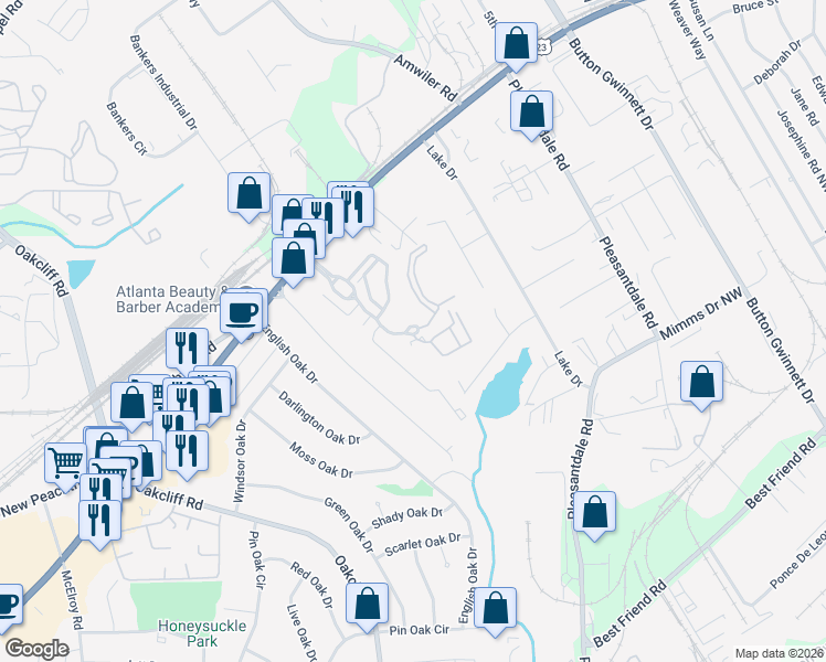 map of restaurants, bars, coffee shops, grocery stores, and more near 2400 Global Forum Boulevard in Atlanta