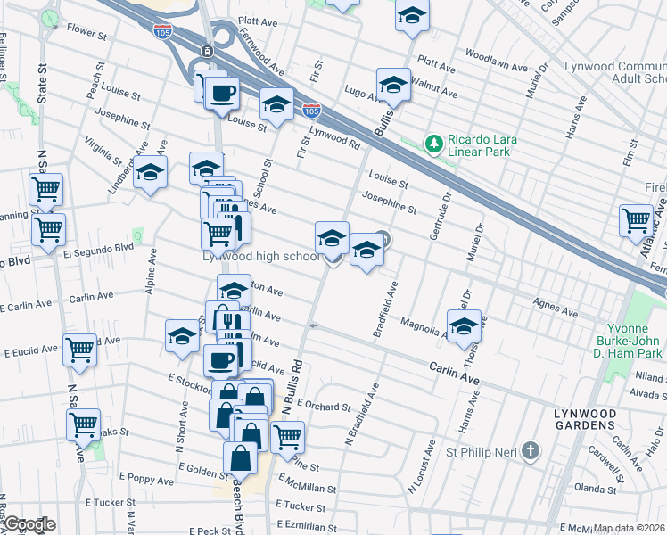 map of restaurants, bars, coffee shops, grocery stores, and more near 12124 Bullis Road in Lynwood