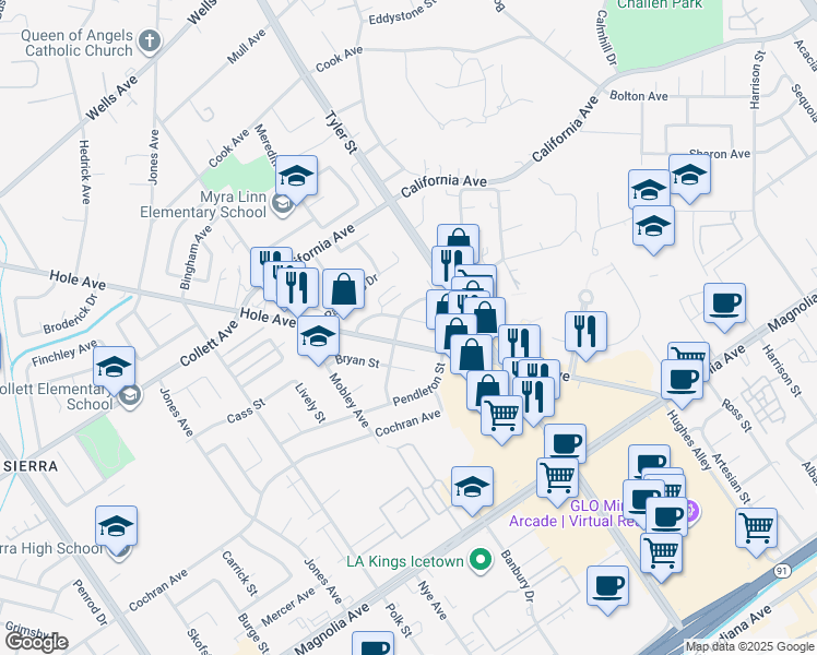 map of restaurants, bars, coffee shops, grocery stores, and more near 10396 Wagner Way in Riverside