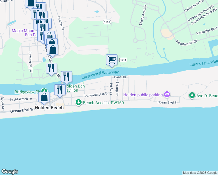 map of restaurants, bars, coffee shops, grocery stores, and more near 108 Golden Dune Way in Holden Beach