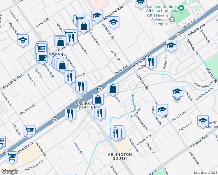 map of restaurants, bars, coffee shops, grocery stores, and more near 9305 Indiana Avenue in Riverside