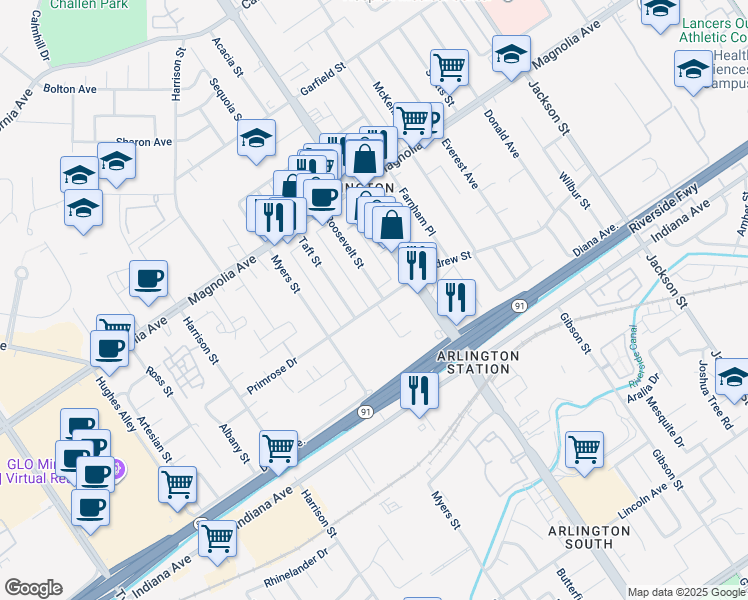map of restaurants, bars, coffee shops, grocery stores, and more near 3608 Roosevelt Street in Riverside
