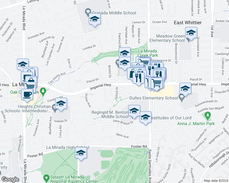 map of restaurants, bars, coffee shops, grocery stores, and more near 12608 Sparwood Lane in La Mirada