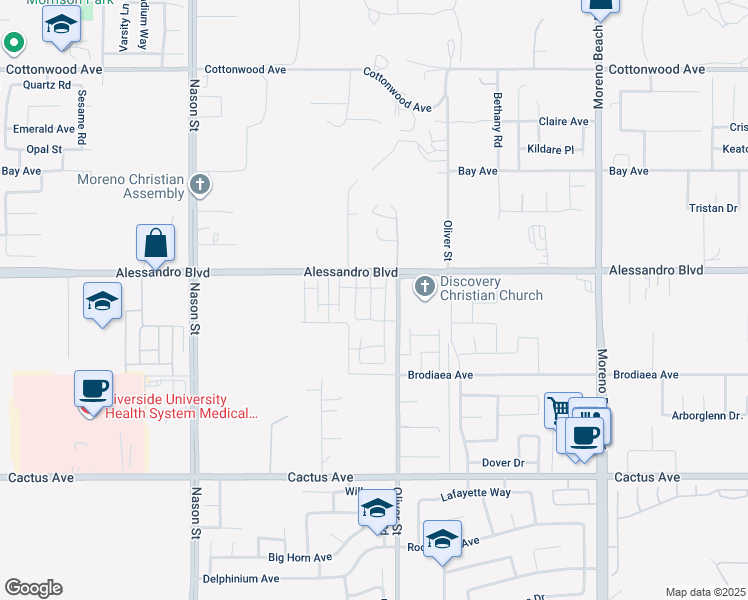 map of restaurants, bars, coffee shops, grocery stores, and more near 14058 Cordelia Street in Moreno Valley
