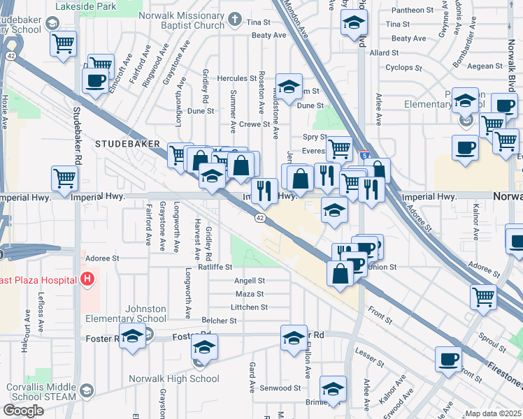 map of restaurants, bars, coffee shops, grocery stores, and more near 11505 Firestone Boulevard in Norwalk