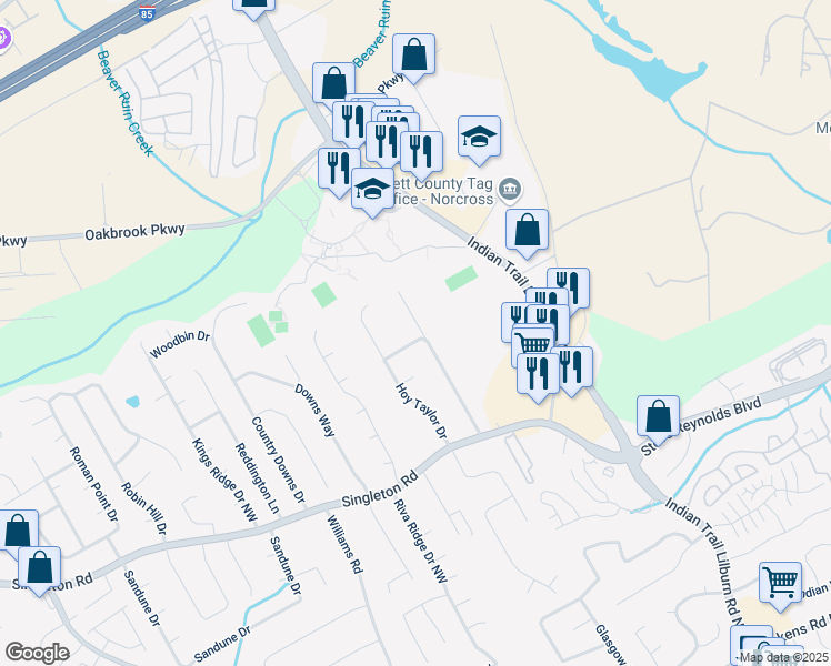 map of restaurants, bars, coffee shops, grocery stores, and more near 1384 Sugarwood Lane in Norcross