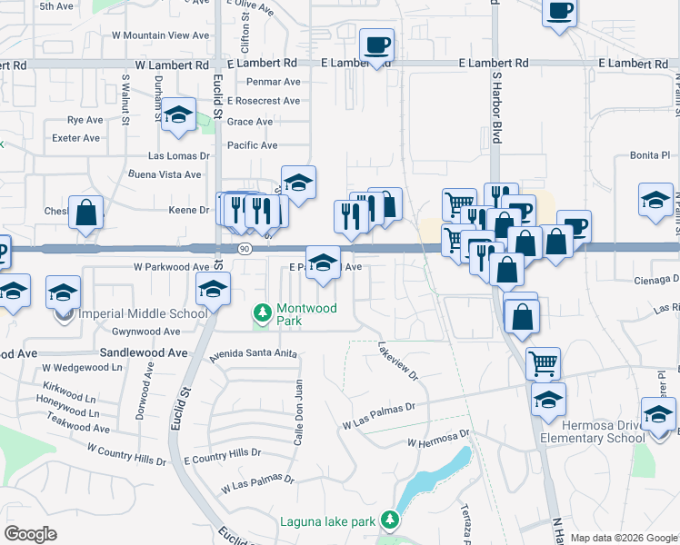 map of restaurants, bars, coffee shops, grocery stores, and more near 530 E Parkwood Ave in La Habra