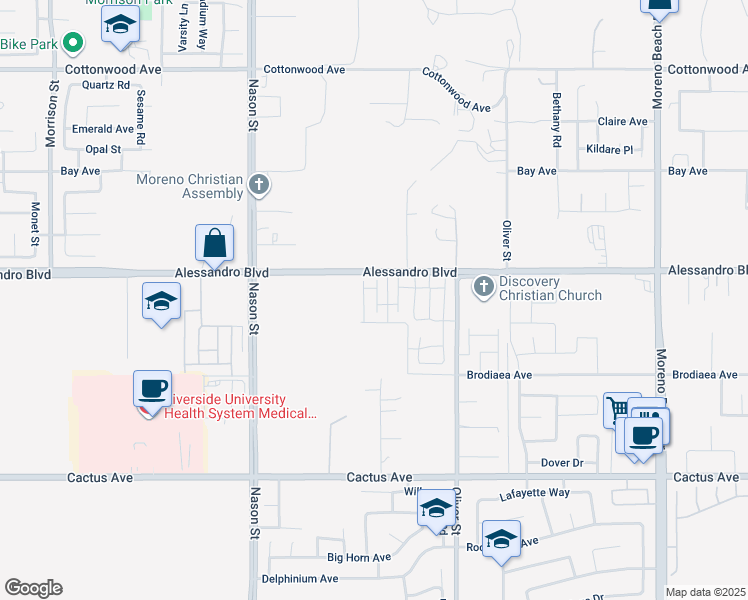 map of restaurants, bars, coffee shops, grocery stores, and more near 14049 Carina Street in Moreno Valley