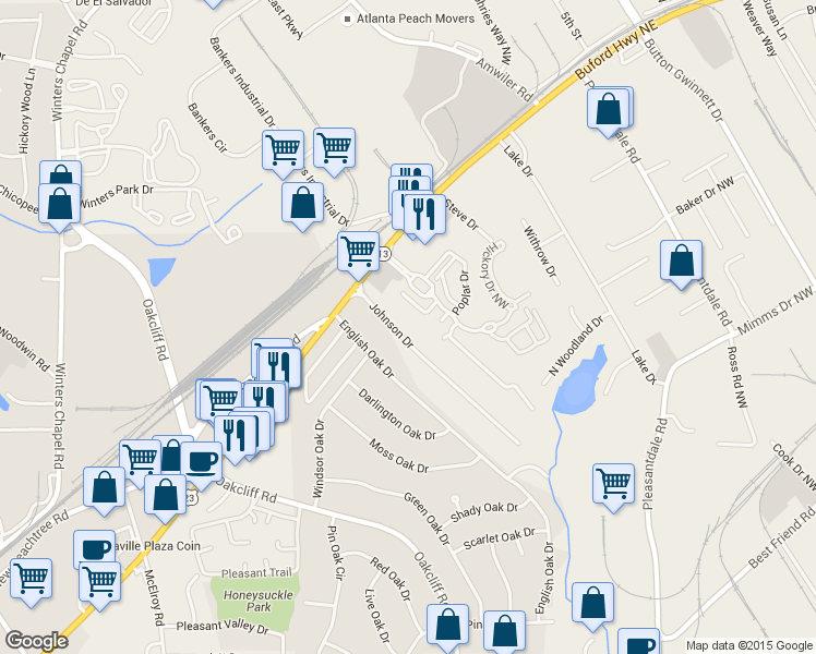 map of restaurants, bars, coffee shops, grocery stores, and more near 12 Poplar Drive in Atlanta