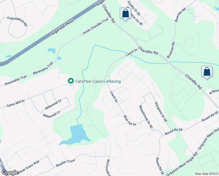 map of restaurants, bars, coffee shops, grocery stores, and more near 1461 Leach Drive in Lawrenceville