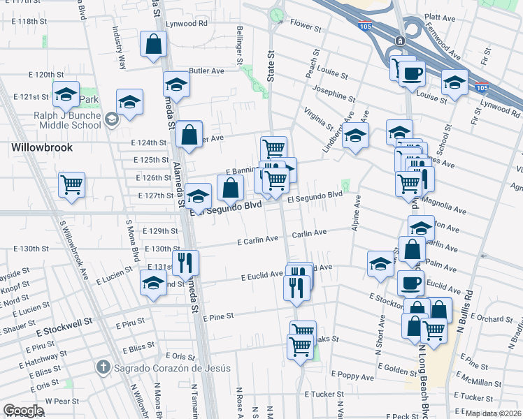 map of restaurants, bars, coffee shops, grocery stores, and more near 536 East El Segundo Boulevard in Compton