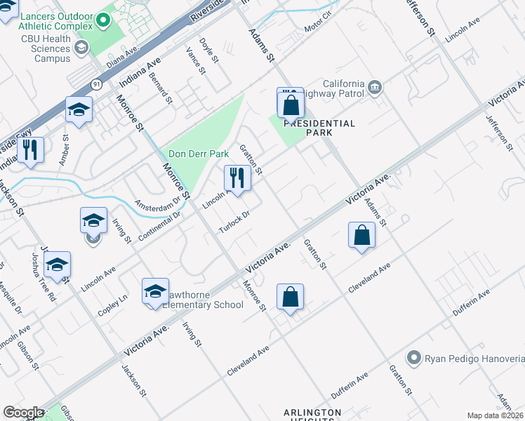 map of restaurants, bars, coffee shops, grocery stores, and more near 2802 Gratton Street in Riverside