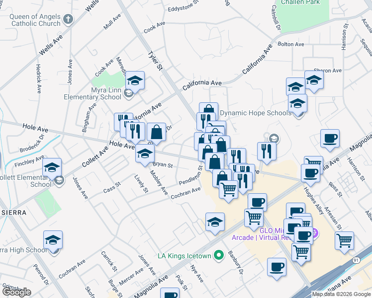 map of restaurants, bars, coffee shops, grocery stores, and more near 10396 Wagner Way in Riverside