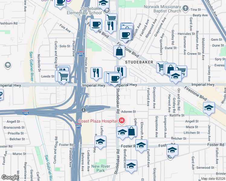 map of restaurants, bars, coffee shops, grocery stores, and more near in Norwalk