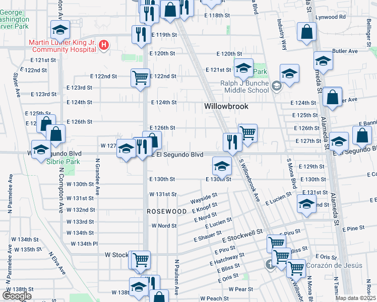 map of restaurants, bars, coffee shops, grocery stores, and more near 2045 East El Segundo Boulevard in Compton