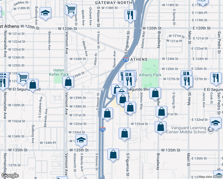 map of restaurants, bars, coffee shops, grocery stores, and more near 579 West El Segundo Boulevard in Los Angeles