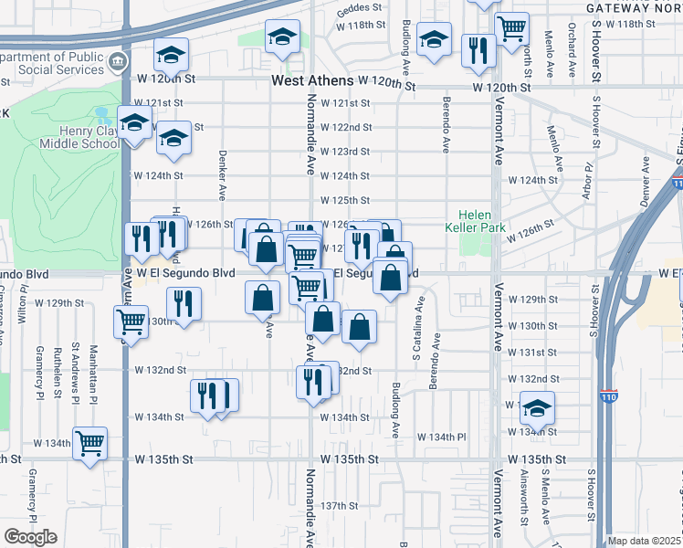 map of restaurants, bars, coffee shops, grocery stores, and more near 1303 West El Segundo Boulevard in Gardena