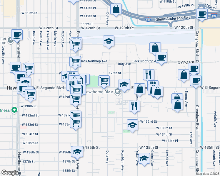 map of restaurants, bars, coffee shops, grocery stores, and more near in Hawthorne