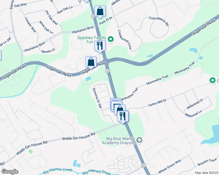 map of restaurants, bars, coffee shops, grocery stores, and more near 911 Sonoma Drive Southwest in Lawrenceville
