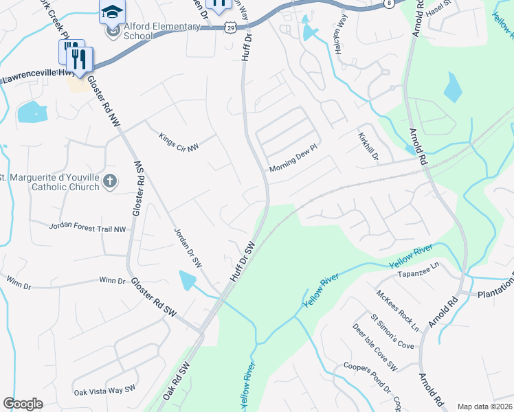 map of restaurants, bars, coffee shops, grocery stores, and more near 2522 Gloster Mill Drive Southwest in Lawrenceville