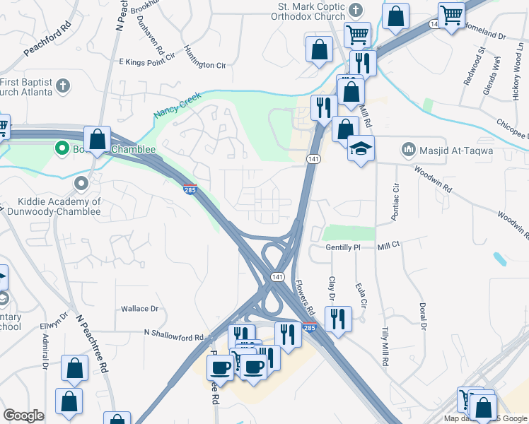 map of restaurants, bars, coffee shops, grocery stores, and more near 4340 Colorado Fir Alley in Doraville