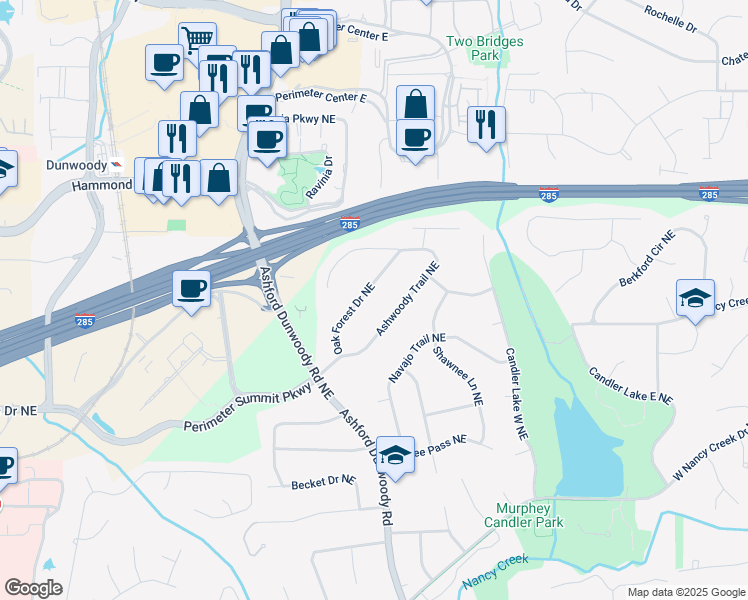 map of restaurants, bars, coffee shops, grocery stores, and more near 4173 Oak Forest Drive Northeast in Atlanta