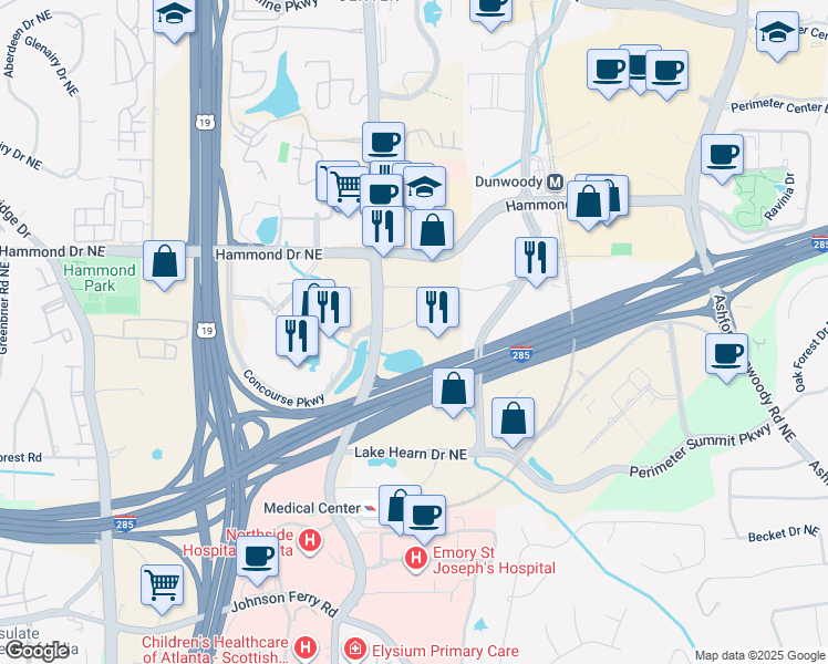 map of restaurants, bars, coffee shops, grocery stores, and more near 5901 Peachtree Dunwoody Road in Atlanta