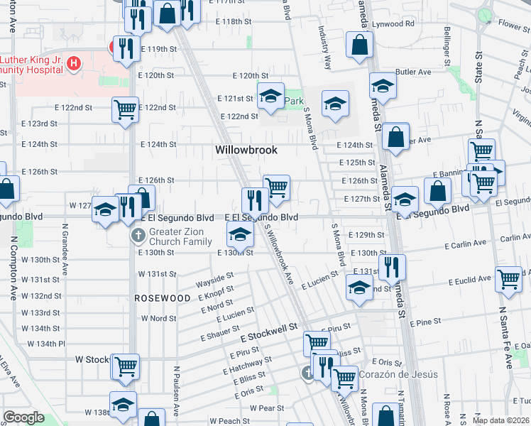 map of restaurants, bars, coffee shops, grocery stores, and more near 2303 East El Segundo Boulevard in Compton