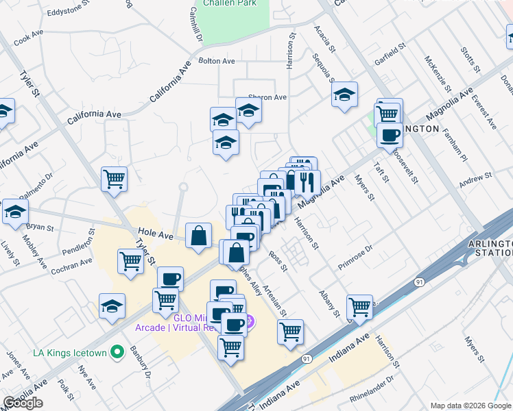 map of restaurants, bars, coffee shops, grocery stores, and more near 3863 Dawes Street in Riverside