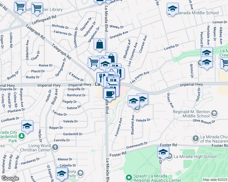 map of restaurants, bars, coffee shops, grocery stores, and more near 12740 La Mirada Boulevard in La Mirada