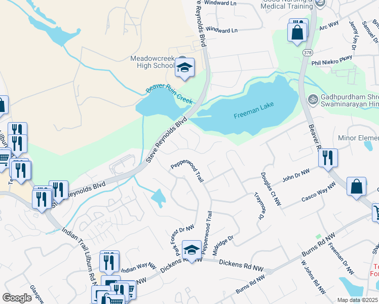 map of restaurants, bars, coffee shops, grocery stores, and more near 1030 Falling Water Lane in Norcross