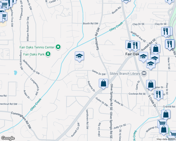 map of restaurants, bars, coffee shops, grocery stores, and more near 90 Saine Drive Southwest in Marietta