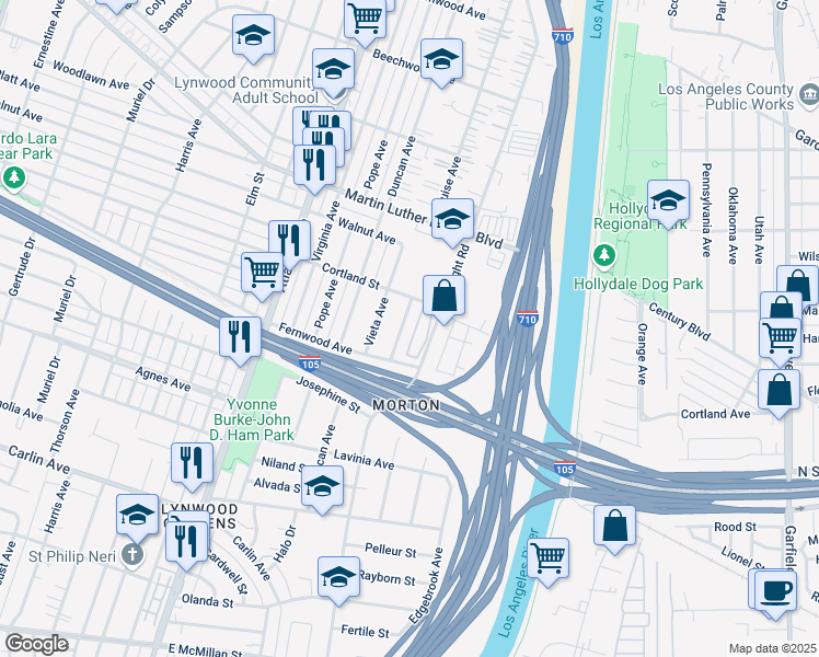 map of restaurants, bars, coffee shops, grocery stores, and more near 11648 Lugo Park Avenue in Lynwood