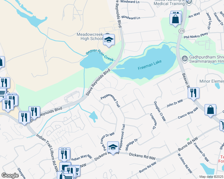 map of restaurants, bars, coffee shops, grocery stores, and more near 1030 Falling Water Lane in Norcross