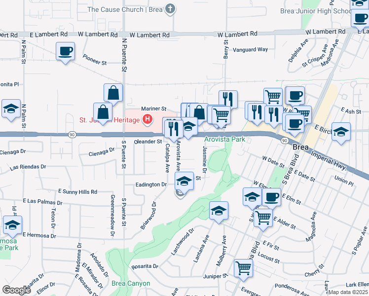 map of restaurants, bars, coffee shops, grocery stores, and more near 324 Arovista Avenue in Brea