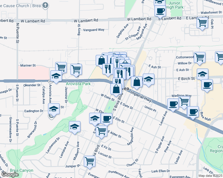 map of restaurants, bars, coffee shops, grocery stores, and more near 306 South Walnut Avenue in Brea