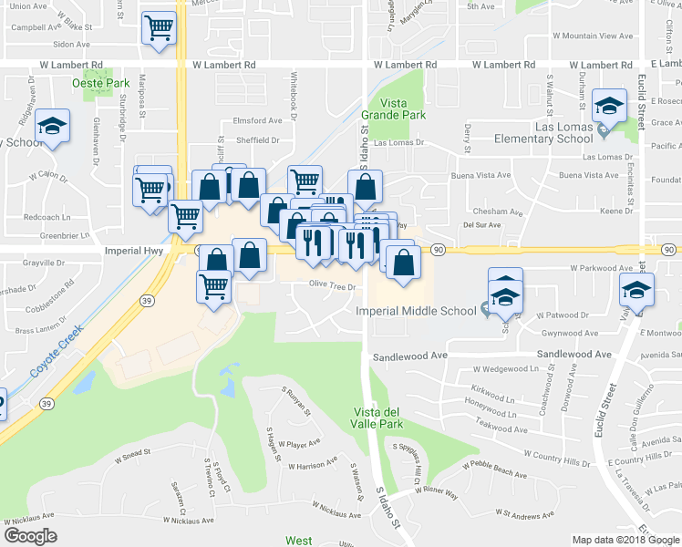 map of restaurants, bars, coffee shops, grocery stores, and more near 1230 West Imperial Highway in La Habra