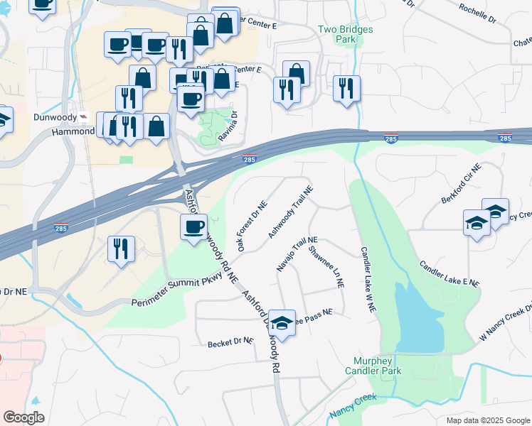 map of restaurants, bars, coffee shops, grocery stores, and more near 4173 Oak Forest Drive Northeast in Atlanta