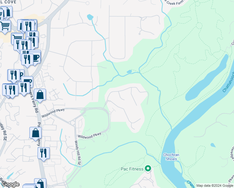 map of restaurants, bars, coffee shops, grocery stores, and more near 1500 Soaring Hawk Point Southeast in Atlanta