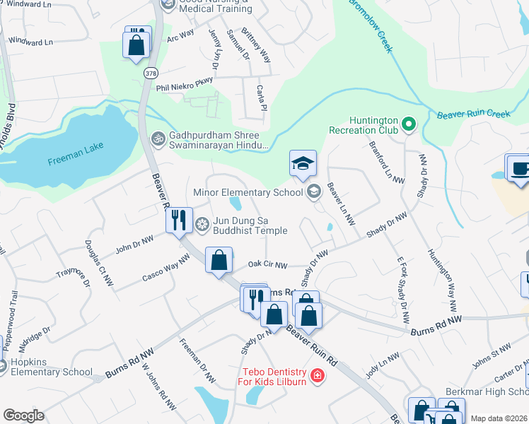 map of restaurants, bars, coffee shops, grocery stores, and more near 902 Rabun Drive Northwest in Lilburn