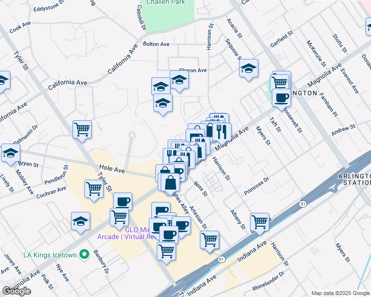 map of restaurants, bars, coffee shops, grocery stores, and more near 3863 Dawes Street in Riverside