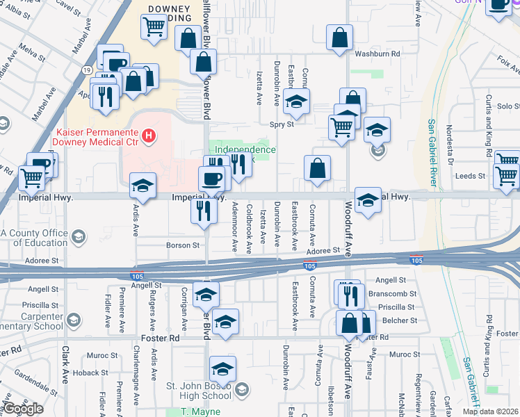 map of restaurants, bars, coffee shops, grocery stores, and more near 12615 Izetta Avenue in Downey