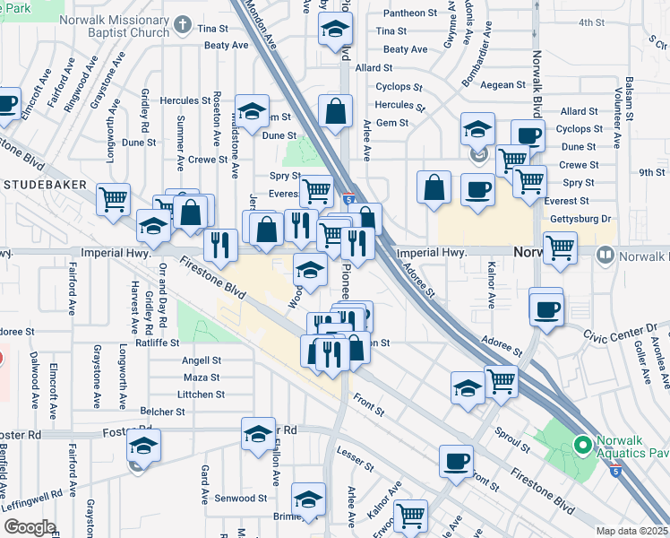 map of restaurants, bars, coffee shops, grocery stores, and more near 11728 Imperial Highway in Norwalk